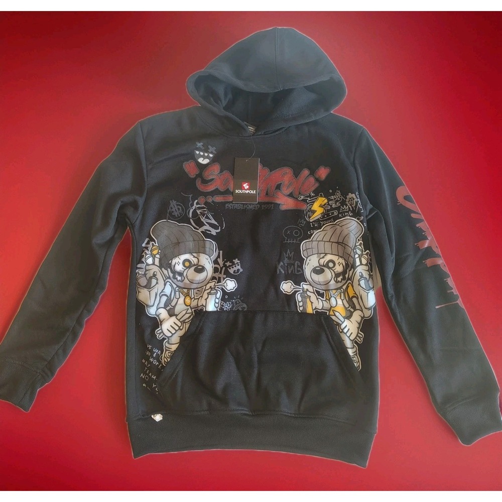 Southpole Hoodie Black Spray Paint Graffiti Graphic‎ Teddy Bear Boys 14-16 A5